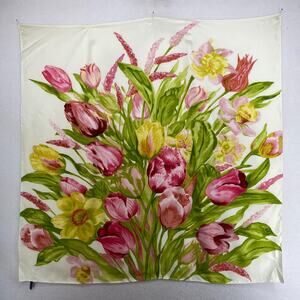 TALBOTS Scarf Bouquet Tulips Flower Silk Bandana Square Pink Cream 36" x 36"